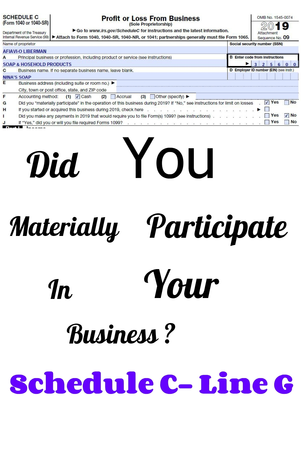 Did You Materially Participate in Your Business? 2019 Schedule C Form 1040-Line G – Nina's Soap