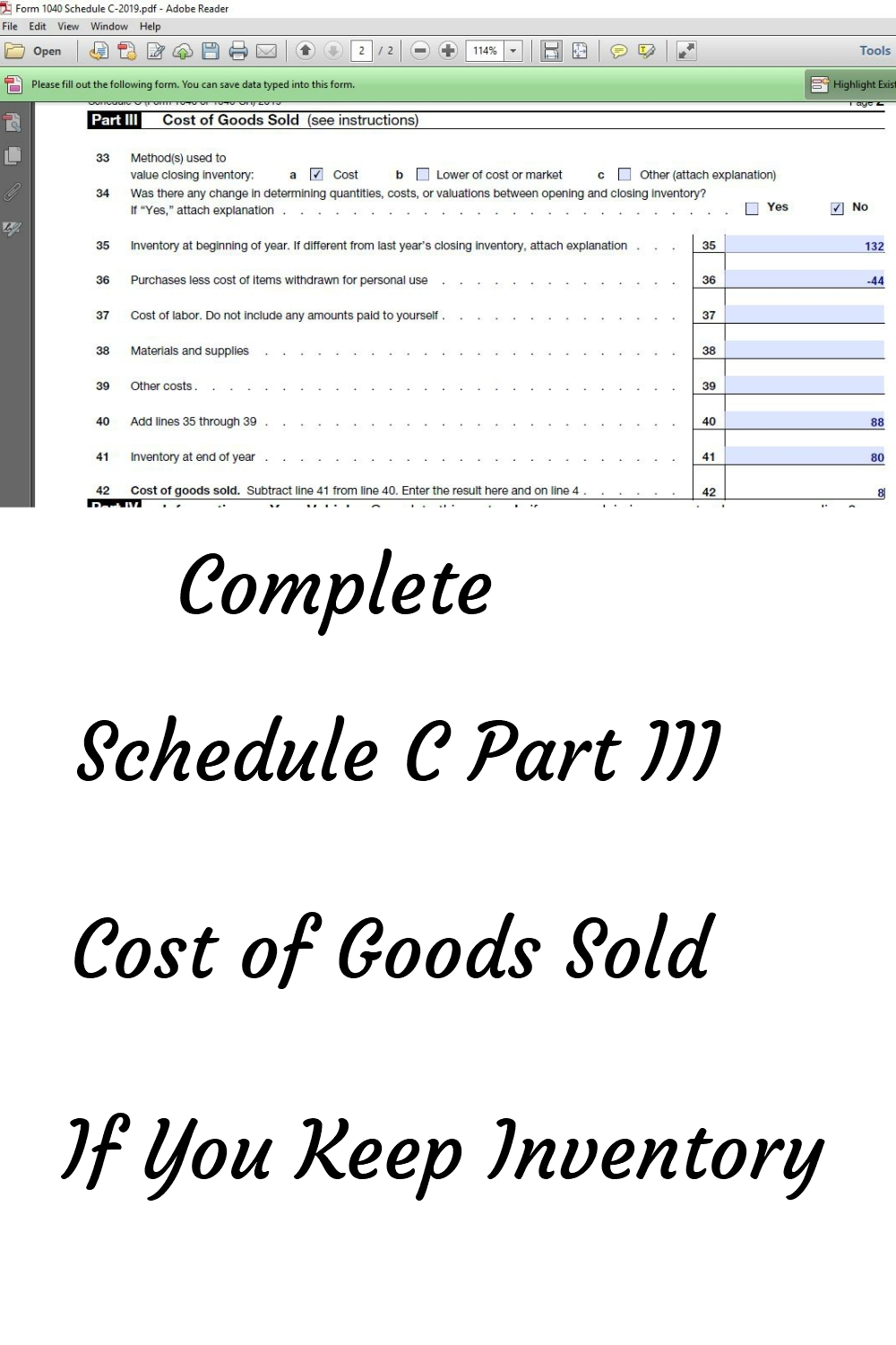 Schedule C Form 1040 Part III-Cost of Goods Sold