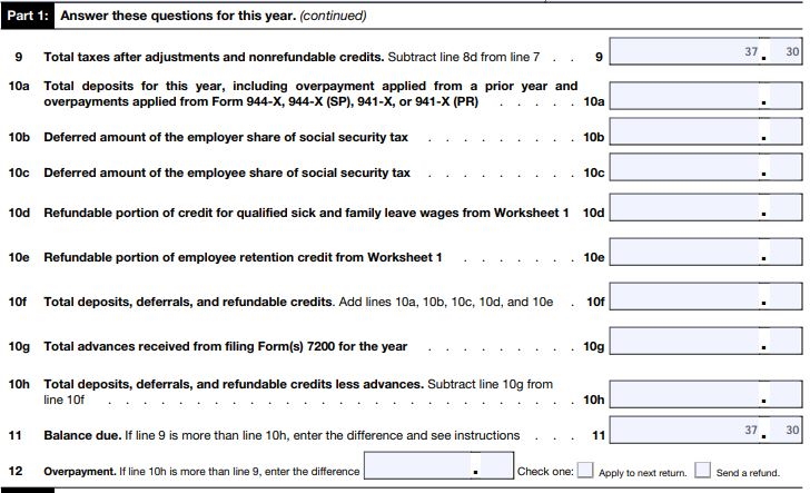 Part 1 Line 10 to Line 12 Form 944