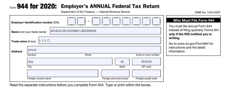 Business Information - How to Fill out Form 944 for 2020