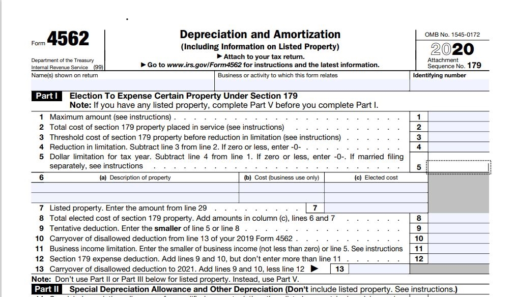 Part 1 Section 179-2020 Form 4562