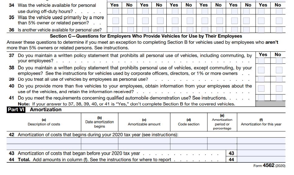 Part 5 -Part 6 Listed Property Section C-Amortization-2020 Form 4562