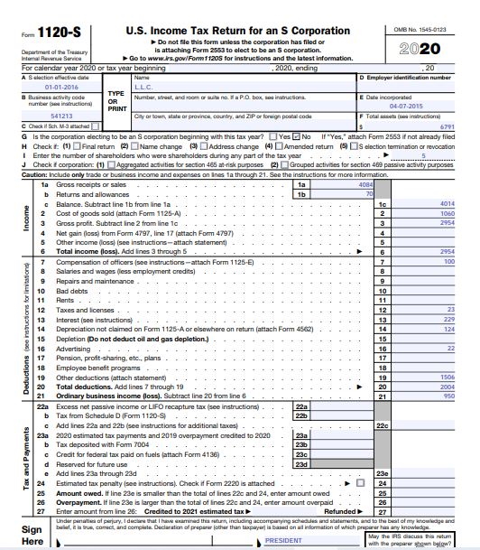 2020 Form 1120 S
