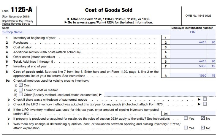 Form 1125-A Cost of good Sold