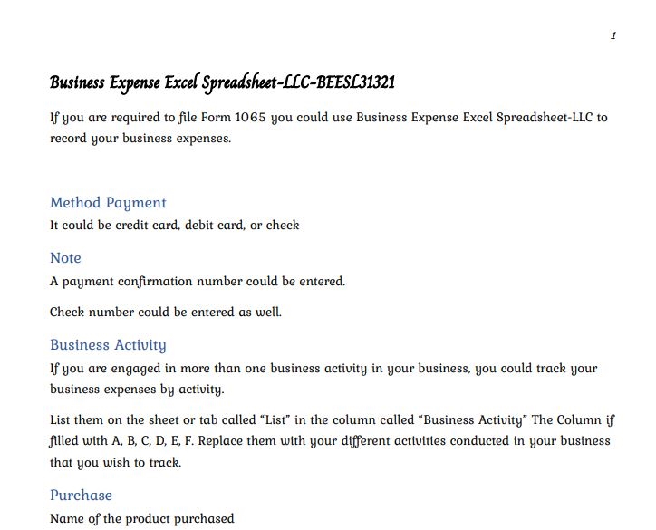 LLC Business Expense Excel Spreadsheet Instructions