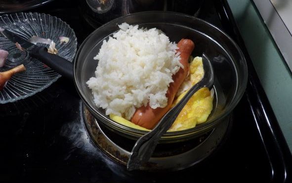 Simple quick dinner to make-rice omelet hot dog dice onion