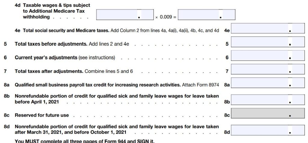 3-2022 Form 944 Part 1 no wages Line 4 to 8c