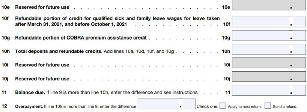5- How to fill out 2022 Form 944 no wages part 1 Line 10e to 12