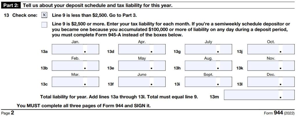 6- How to fill out 2022 Form 944 no wages part 2 Line 13