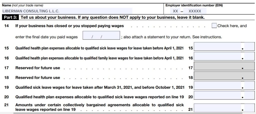 7- How to fill out 2022 Form 944 no wages part 3 Line 14 to 21