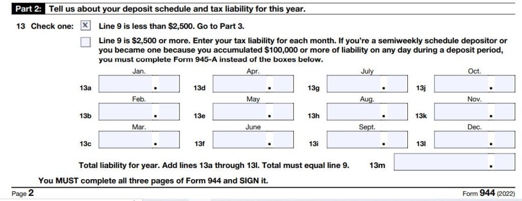 How to fill out Form 944 Part 2 Line 13 for 2022