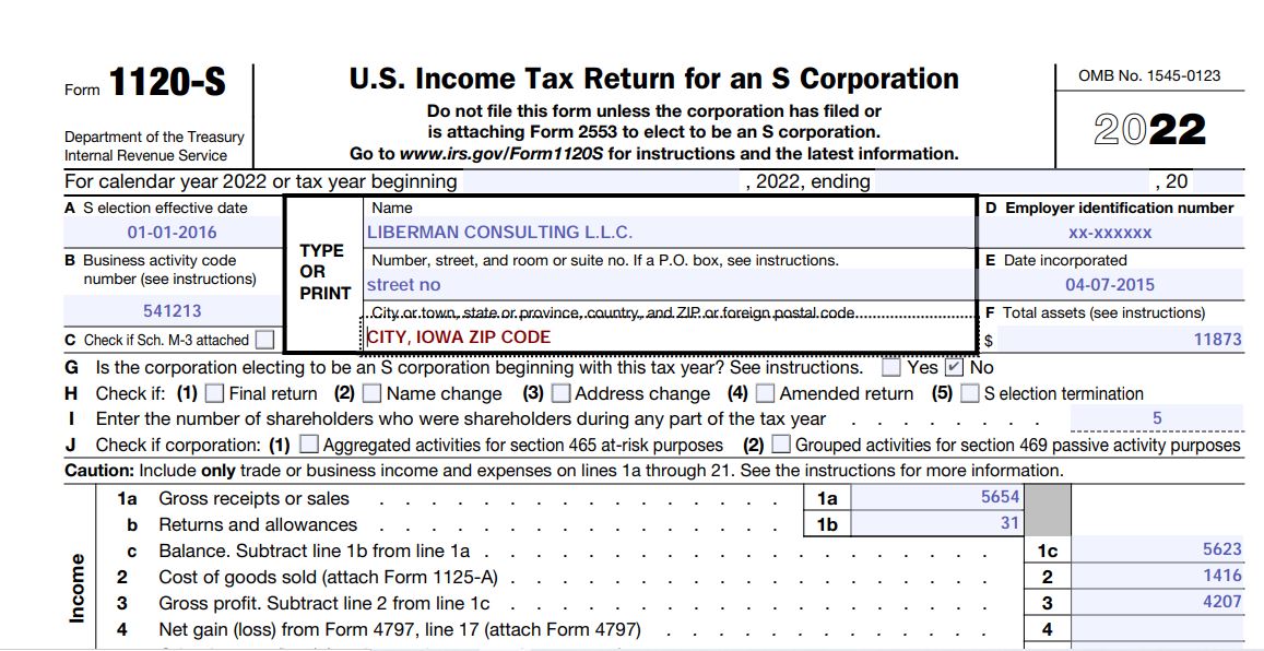 1-2022 Form 1120S Business Info