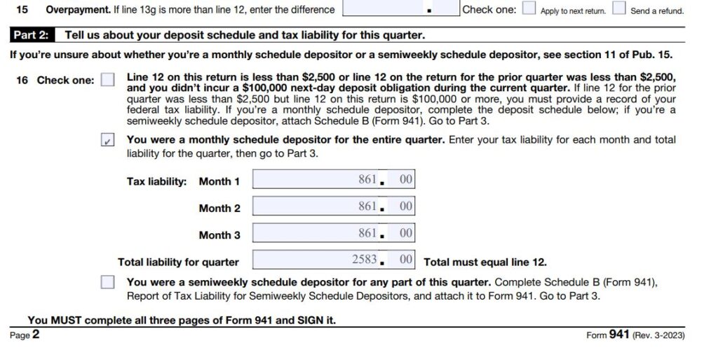 9v2- How to fill out Form 941 for 2023 Part 2 line 16 Tax deposit schedule