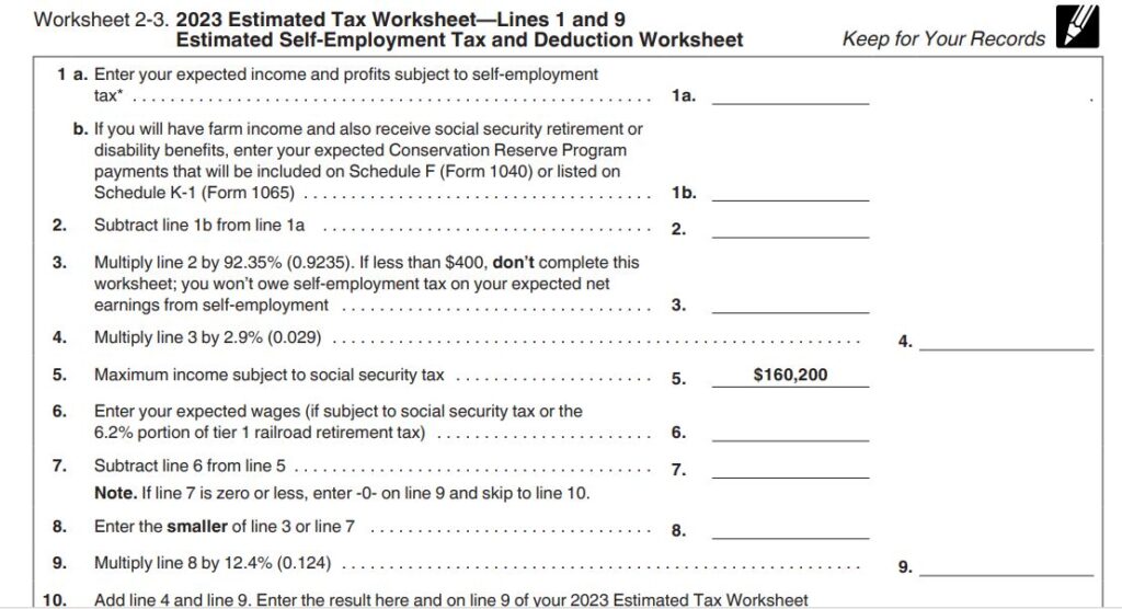 10-Worksheet 2-3 self employer Publication 505 for 2023