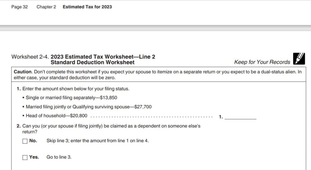12-Worksheet 2-4 standard deduction line 2 Publication 505 for 2023