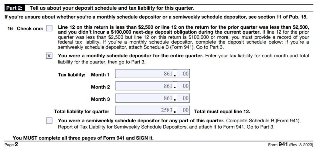5-How to fill out form 941 for 2023 Q4 Part 2 Line 16 Monthly tax schedule depositor