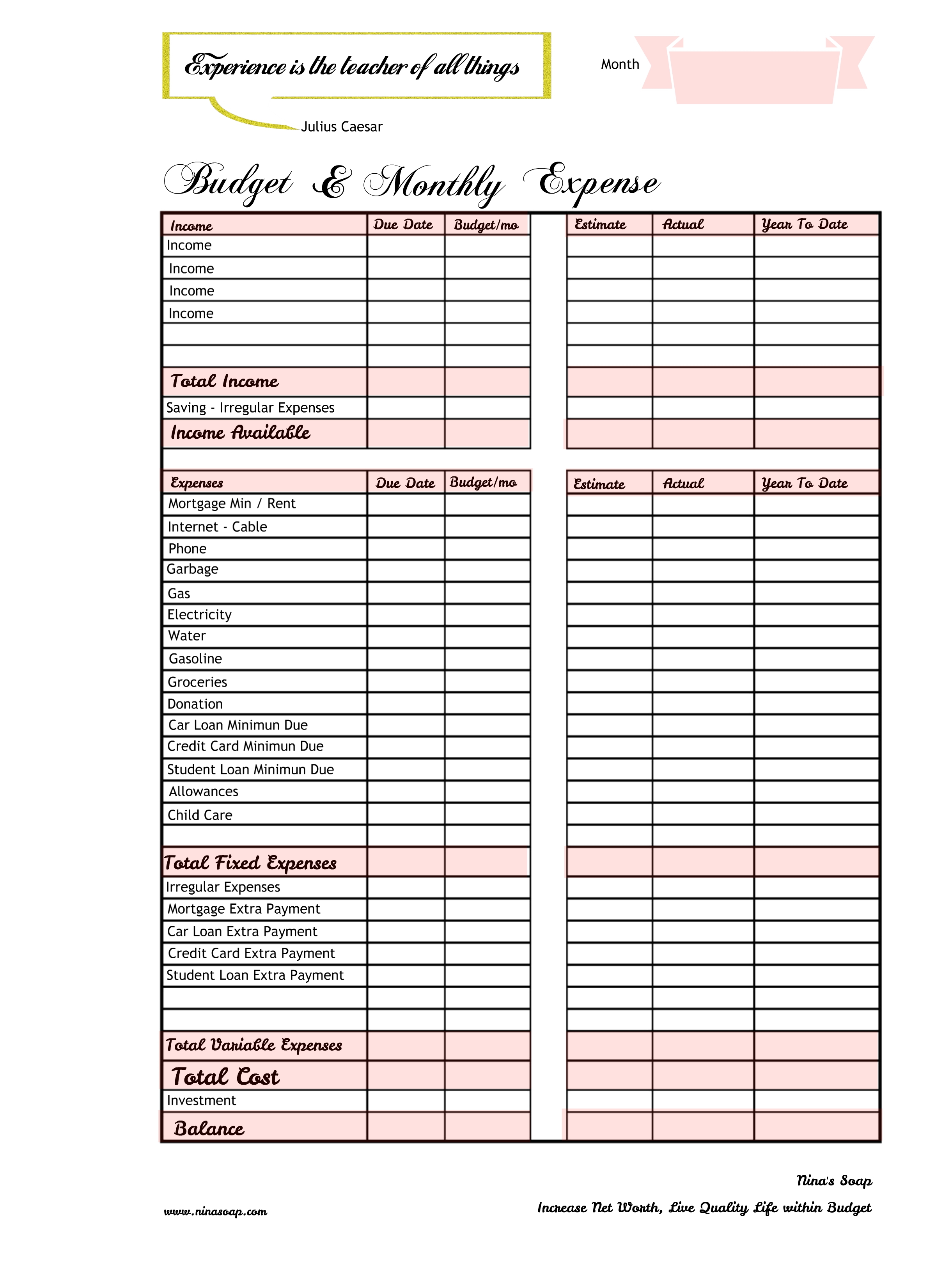 Free income and expense worksheet klolike